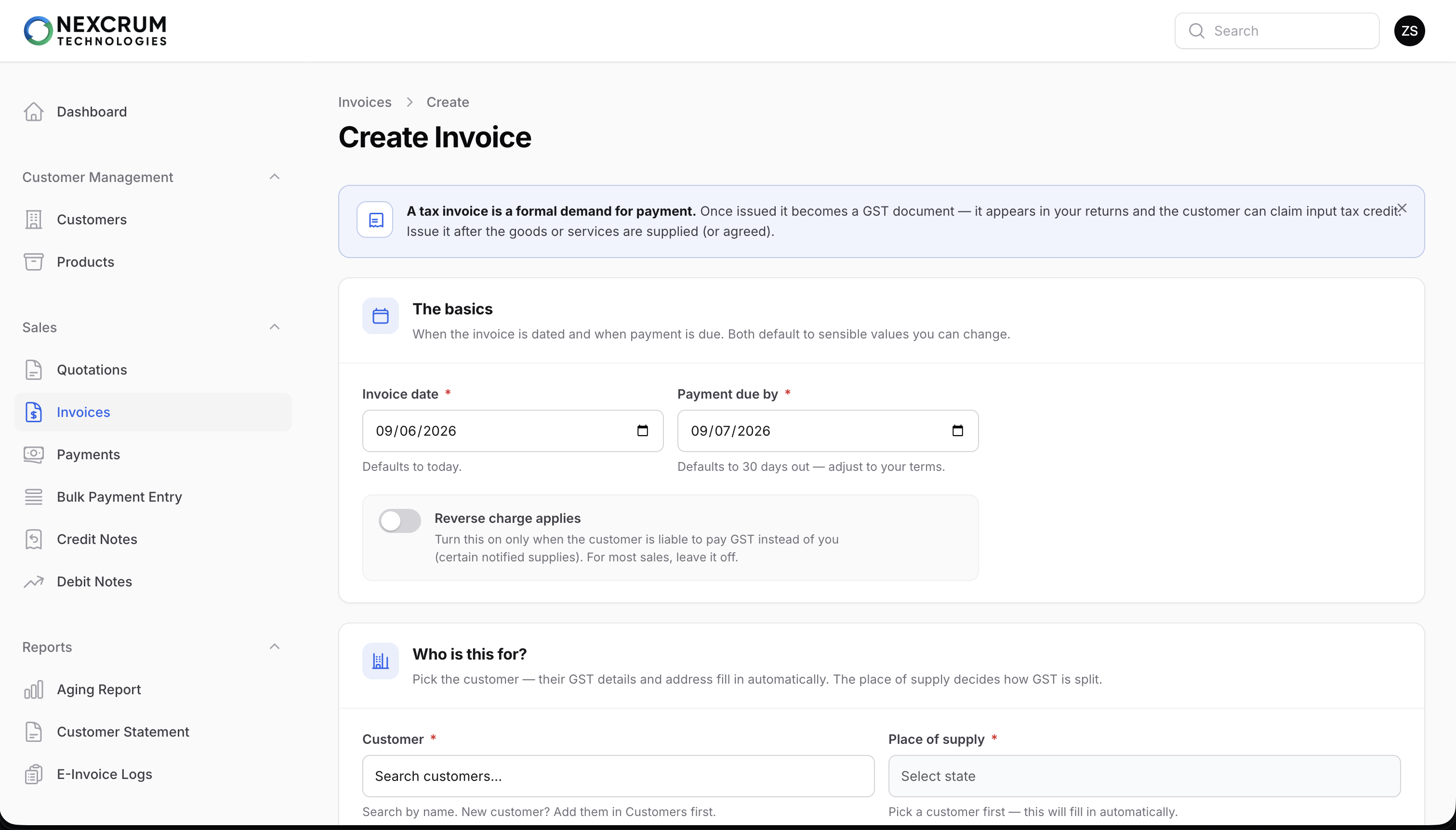 Create Invoice screen with GST-aware fields and customer selection